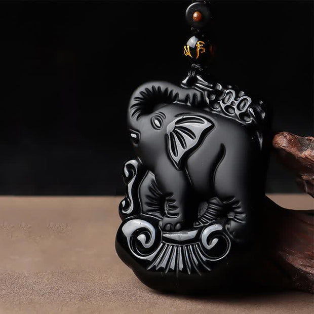 Buddha Stones Black Obsidian Elephant Protection String Necklace Pendant Key Chain Necklaces & Pendants BS 3