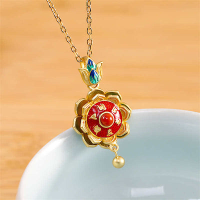 Buddha Stones 925 Sterling Silver Tibet Lotus Prayer Wheel Red Agate Enlightenment Necklace Pendant Necklaces & Pendants BS Necklace