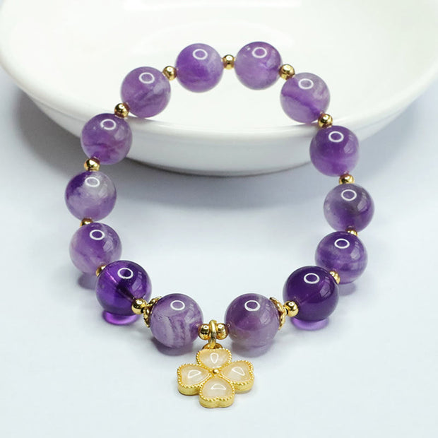 Buddha Stones Natural Amethyst Crystal Inner Peace Four Leaf Clover Charm Bracelet Bracelet BS 2