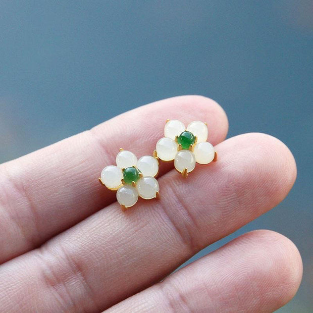Buddha Stones White Jade Flower Luck Blessing Stud Earrings