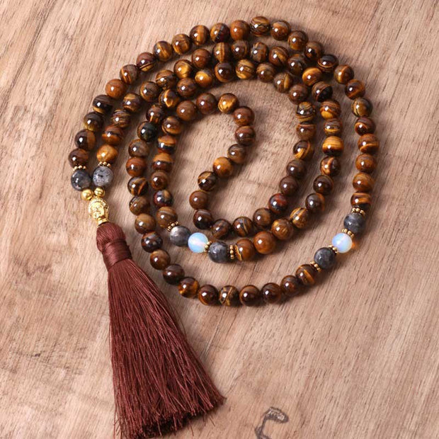Buddha Stones Tibetan Tiger Eye Buddha Strength Power Beaded Tassel Pendant Necklace Necklaces & Pendants BS 1