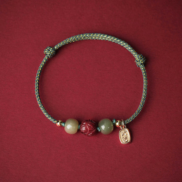 Buddha Stones 14K Gold Plated Hetian Jade Cinnabar Lotus Luck Handcrafted Rope Bracelet Bracelet BS Cyan Rope(Wrist Circumference 13-18cm)