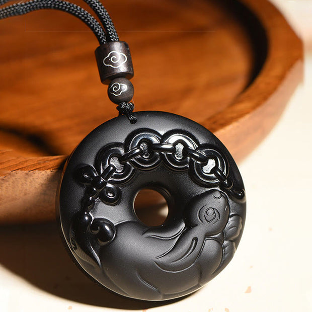 Buddha Stones Chinese Zodiac Natural Black Obsidian Peace Buckle Strength Necklace Pendant Necklaces & Pendants BS 3