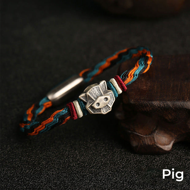 Buddha Stones Handmade 999 Sterling Silver Year of the Dragon Chinese Zodiac Protection Colorful Reincarnation Knot Rope Bracelet Bracelet BS Pig 19cm