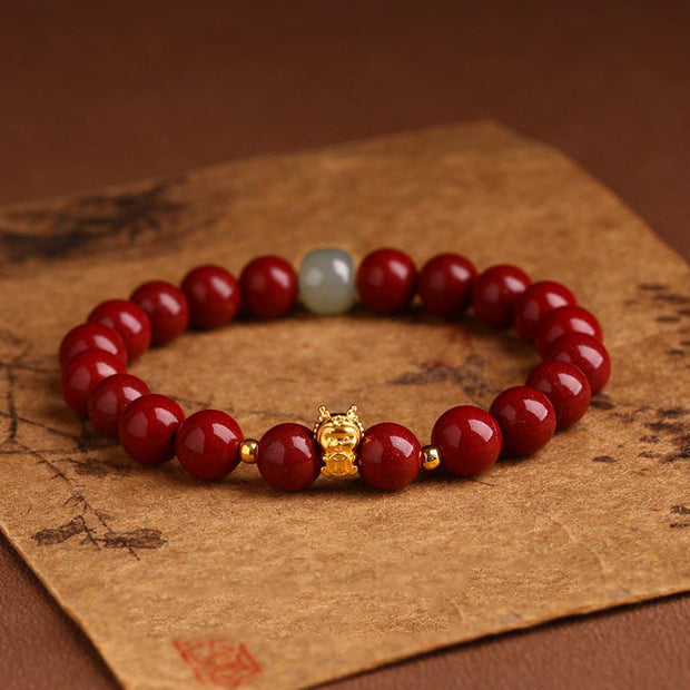Buddha Stones 999 Gold Year of the Dragon Natural Cinnabar Jade Copper Coin Fu Character Blessing Bracelet Bracelet BS 8mm Cinnabar(Wrist Circumference 14-16cm) Dragon Copper Coin