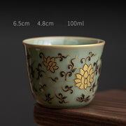 Buddha Stones Butterfly Flower Lotus Koi Fish Plum Blossom Ceramic Teacup Kung Fu Tea Cup 100ml Cup BS Green Golden Lotus 6.5cm*4.8cm*100ml