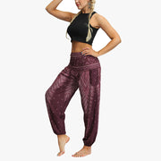 Buddha Stones Feather Print Hippie Baggy Trousers Boho High Waist with Pockets Women's Yoga Pants