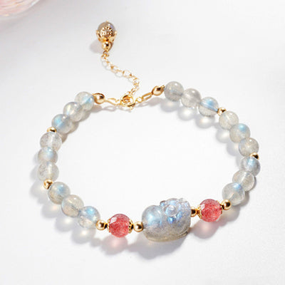 Buddha Stones Moonstone Strawberry Quartz PiXiu Healing Bracelet
