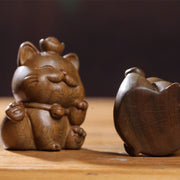 Buddha Stones Mini Green Sandalwood Ingot Lucky Cat Carved Peace Desk Decorations