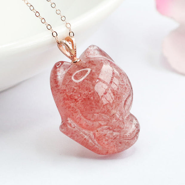 Buddha Stones 925 Sterling Silver Natural Strawberry Quartz Fox Positive Necklace Pendant