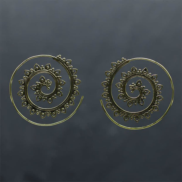 Buddha Stones Tibetan Lotus Spiral Pattern Copper Blessing Dangle Drop Earrings Earrings BS Gold