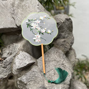 Buddha Stones Magnolia Flowers Double-sided Embroidered Handheld Silk Fan