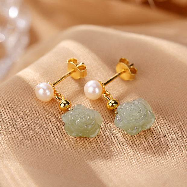 Buddha Stones 925 Sterling Silver Plated Gold Jade Rose Flower Cyan Jade Pearl Luck Earrings Earrings BS 11
