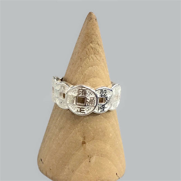 Buddha Stones Five-Emperor Coins Auspicious Wealth Adjustable Ring Ring BS 16