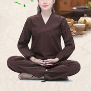 Buddha Stones Zen Practice Yoga Meditation Prayer V-neck Design Uniform Cotton Linen Clothing Women's Set