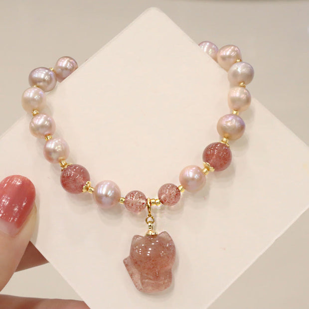 Buddha Stones Natural Pearl Strawberry Quartz Cute Fox Love Healing Charm Bracelet