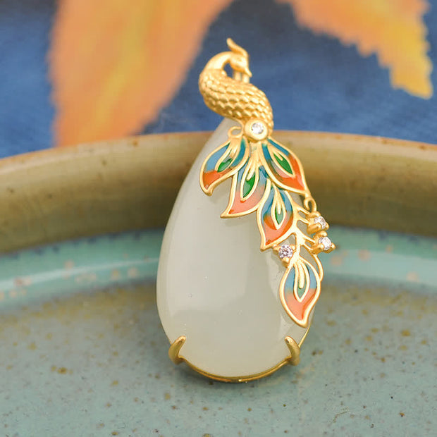 Buddha Stones White Jade Peacock Protection Necklace Chain Pendant Necklaces & Pendants BS 2