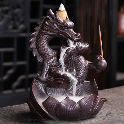 Buddha Stones Dragon Lotus Pattern Strength Protection Ceramic Incense Burner Decoration Incense Burner BS Dragon&Lotus