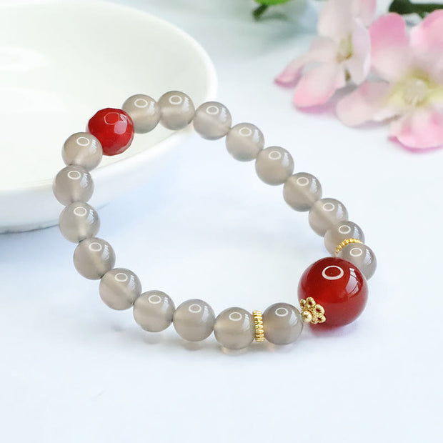 Buddha Stones Natural Gray Chalcedony Red Agate Harmony Bracelet Bracelet BS 2