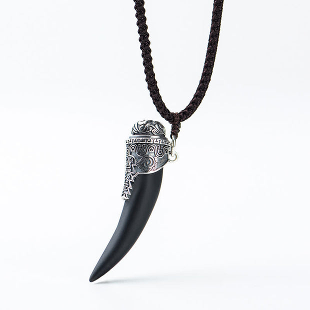 Buddha Stones 925 Sterling Silver Black Obsidian Wolf Tooth Pattern Strength Necklace Pendant