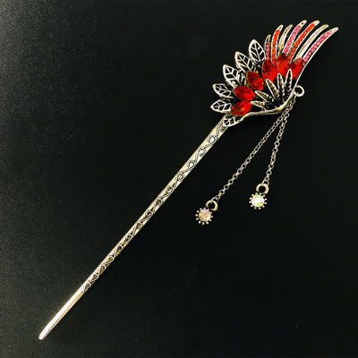 Buddha Stones Phoenix Feather Crystal Tassels Confidence Hairpin Hairpin BS Silver Red