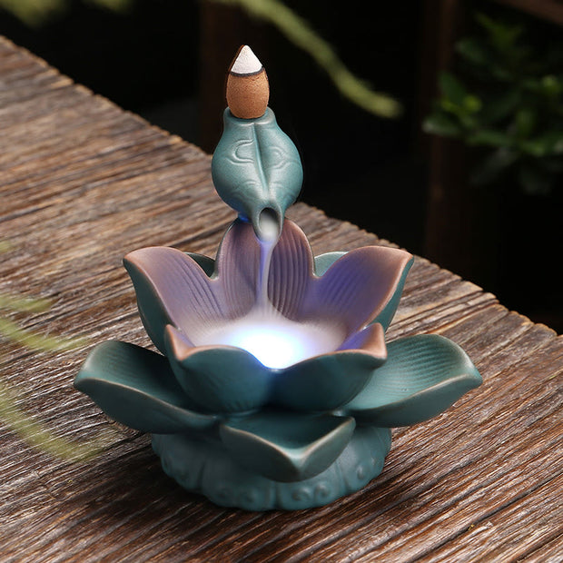Buddha Stones Lotus Flower Leaf Frog Butterfly Pattern Healing Ceramic Incense Burner Decoration Incense Burner BS 2