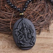 Buddha Stones Tibetan Obsidian Ganesh Ganpati Elephant Wealth Amulet Necklace Necklace BS 3
