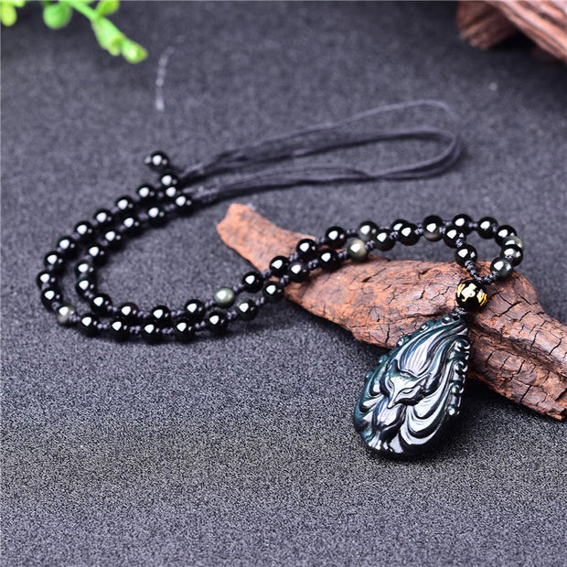 Buddha Stones Natural Rainbow Obsidian Nine Tailed Fox Inner Peace Necklace Beaded String Pendant Necklaces & Pendants BS 5