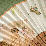 Buddha Stones Cute Cat Butterfly Flowers Pattern Handheld Silk Bamboo Folding Fan 21cm