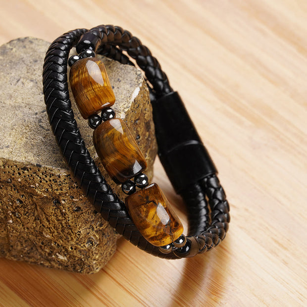 Buddha Stones Natural Tiger Eye Protection Willpower Magnetic Buckle Leather Bracelet Bracelet BS 2