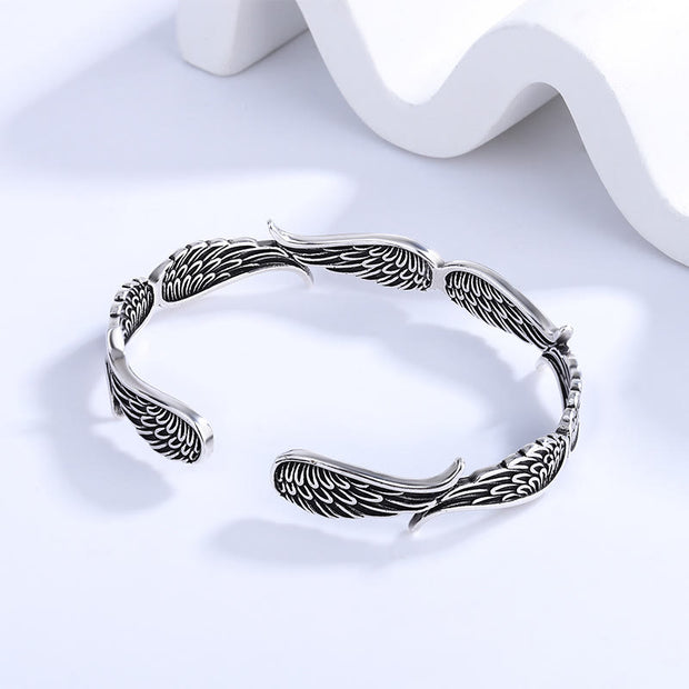 Buddha Stones Angel Wings Feather Pattern Carved Luck Cuff Bracelet Bangle