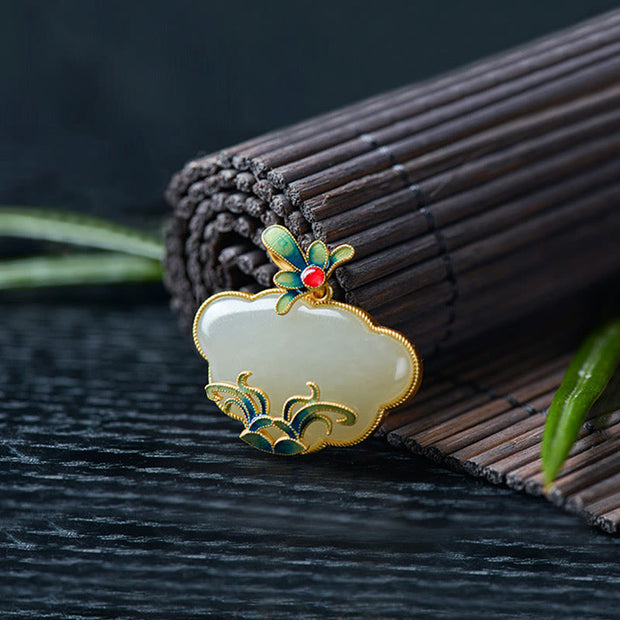 Buddha Stones Chinese Lock Charm Jade Magnolia Flower Abundance Necklace Pendant Necklaces & Pendants BS 4