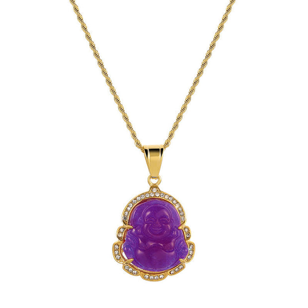 Buddha Stones 18K Gold Filled Laughing Buddha Jade Luck Necklace Chain Pendant Necklaces & Pendants BS Purple