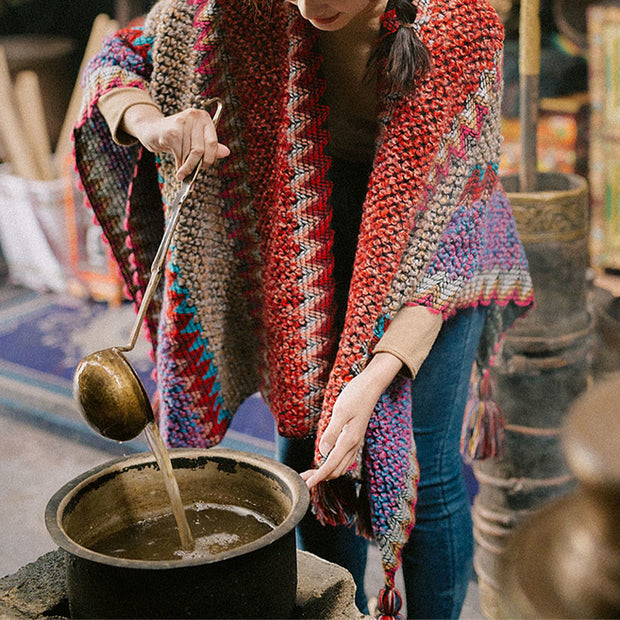 Buddha Stones Tibetan Shawl Knitting Warm Cloak Tibetan Tassel Scarf Tibetan Shawl BS 8