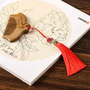 Buddha Stones Green Sandalwood Flower Pattern Engraved Soothing Comb Comb BS Green Sandalwood Comb(Tassel Style)