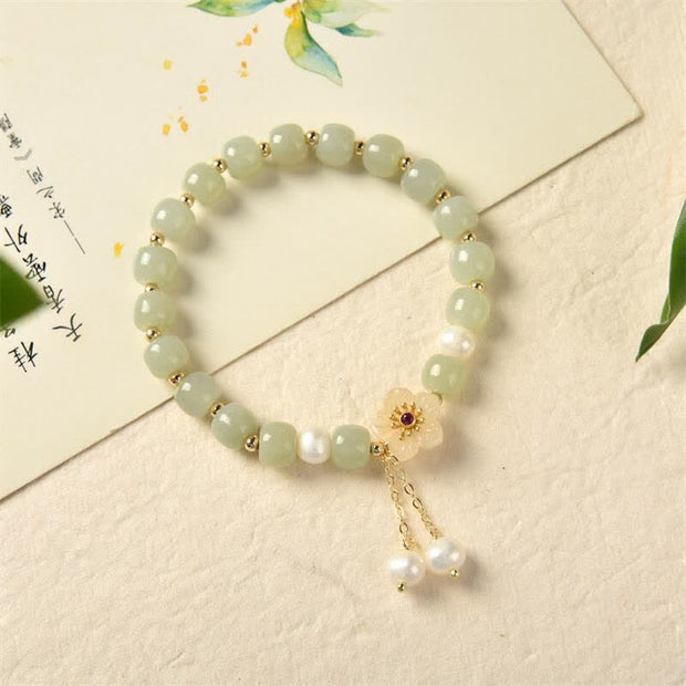 Buddha Stones Hetian Jade Flower Pearl Happiness Abundance Bracelet Bracelet BS 3