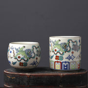 Buddha Stones Vintage Plum Blossom Pine Bamboo Phoenix Kirin Lion Dancing Ceramic Teacup Tea Cups