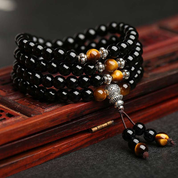 Buddhastoneshop Black Obsidian Tiger Eye Blessing Mala Bracelet