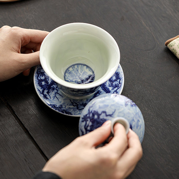 Buddha Stones Blue and White Dragon Pattern Porcelain Gaiwan Sancai Teacup Kung Fu Tea Cup And Saucer With Lid