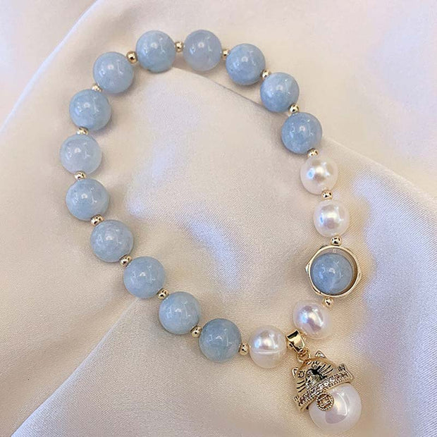 Buddha Stones Aquamarine Pearl Peace Healing Lucky Cat Charm Bracelet Bracelet BS 1