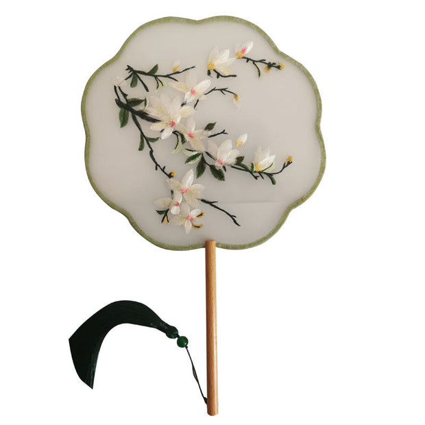 Buddha Stones Magnolia Flowers Double-sided Embroidered Handheld Silk Fan