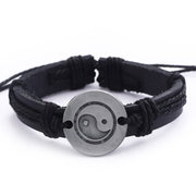 Buddha Stones Retro Yin Yang Leather Harmony String Bracelet Bracelet BS Black(Bracelet Size 23cm)