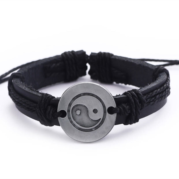 Buddha Stones Retro Yin Yang Leather Harmony String Bracelet Bracelet BS Black(Bracelet Size 23cm)