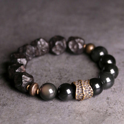 Buddha Stones Black Obsidian Ebony Wood Copper Strength Couple Bracelet Bracelet BS 18cm
