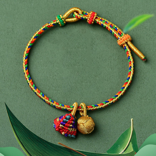 Buddha Stones Colorful Rope Luck Handmade Zongzi Golden Ball Charm Bracelet