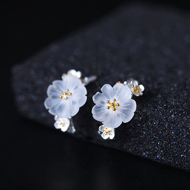 Buddha Stones 925 Sterling Silver Plum Blossom Floral Blessing Earrings Earrings BS 19