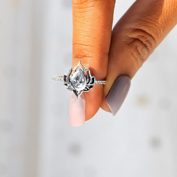 Buddhastoneshop 925 Sterling Silver Lotus Zircon Blessing Protection Ring