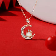 Buddha Stones 925 Sterling Silver Year of the Dragon Hetian White Jade Crescent Moon Star Zircon Dragon Luck Necklace Pendant Necklaces & Pendants BS Star Crescent Moon Dragon