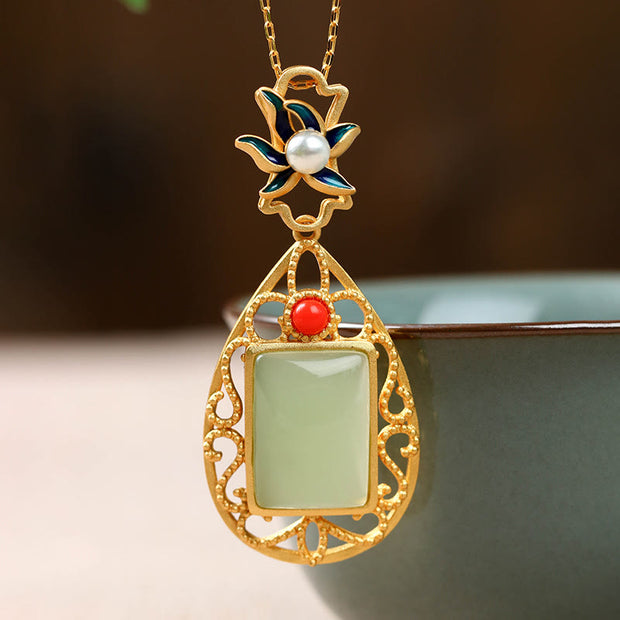 Buddha Stones Vintage Flower Jade Plated Gold Prosperity Necklace Pendant Necklaces & Pendants BS 2