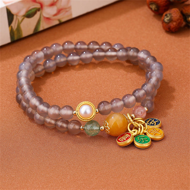 Buddha Stones Natural Gray Agate Peace And Joy Charm Balance Double Wrap Bracelet
